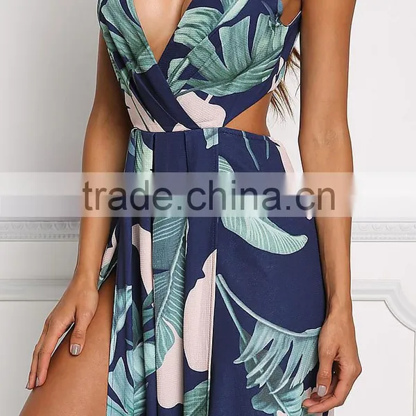 Navy Tie Back Leaf Print Women Maxi Long Party Dress Girls Without Dress Sex Picture HSd5187 photo-4