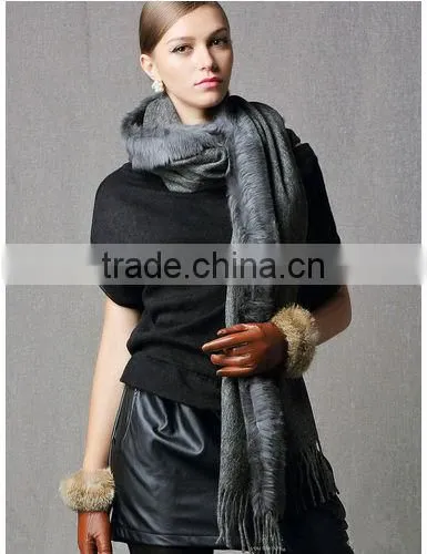CX-B-P-21 Women Fashion Cashmere Pashmina Shawl With Fur Trim photo-4