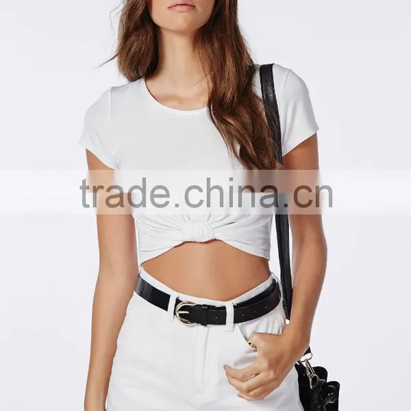 Plain Fashion Cap Sleeve Round Neck Knot Front Wihte Blouse photo-2
