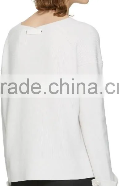 Women Wearing Sexy Design V Neck Blank White Sweater With Rolled Cuffs With Buttons photo-3
