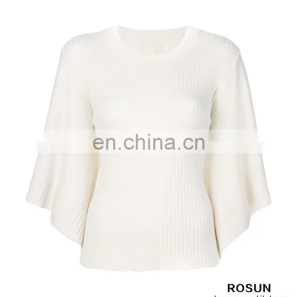 Women Crew Neck Cashmere Bat Sleeves Knitted Ribbed Top photo-2