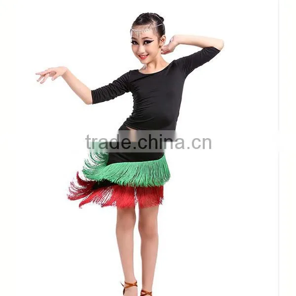 Cheap In-stock High Quality Elegant Children Latin Dance Skirt Long Sleeve + Tassel Kids Latin Dance Dress Wholesale photo-5