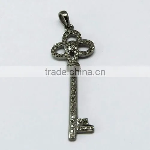 925 Sterling Silver Diamond Key Pendant, Silver Jewellery India, Handmade Silver Jewellery photo-3