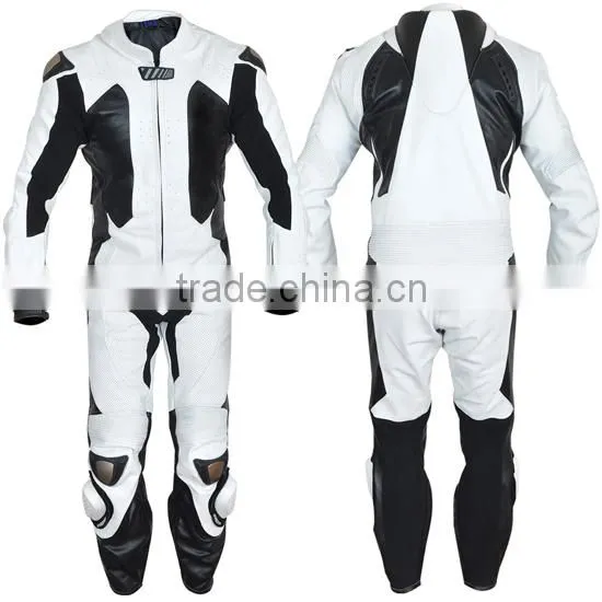Leather Motor Bike Racing Suit White And Black Contrast