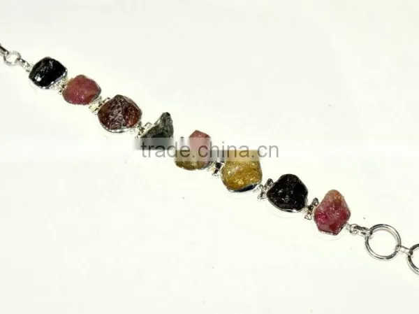 Raw Tourmaline Natural Gemstones 925 Sterling Silver Bracelet photo-2