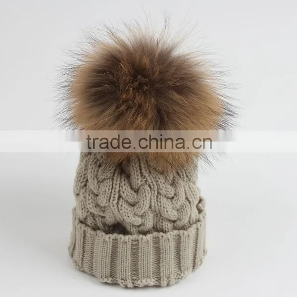 2015 New Designed Women Raccoon Fur Ball Twist Wool Hat Ladies Fashion Winter Knitted Warm Hats photo-3