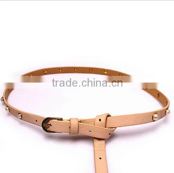 Fashion Pearls Decorated Pin Buckle Sex Girl Thin PU Waist Belt photo-4