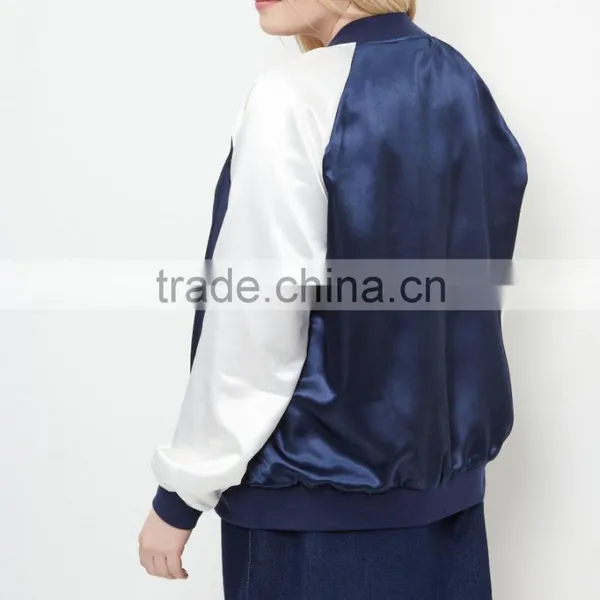 Plus Size Jackets 100% Polyester Blue Colour Block Zipper Bomber Jacket Women Plus Size Winter Coats With Raglan Sleeves photo-3