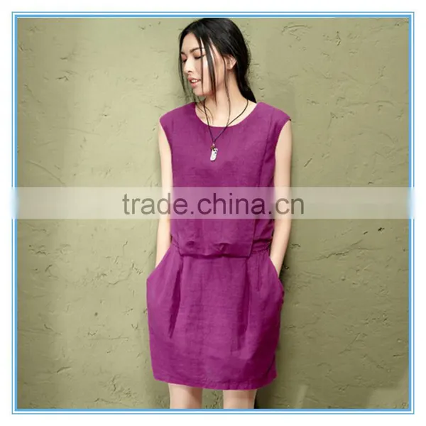 2016 Elegant Slim Casual Dress Solid Color Cotton Linen Vest Dress For Women photo-2