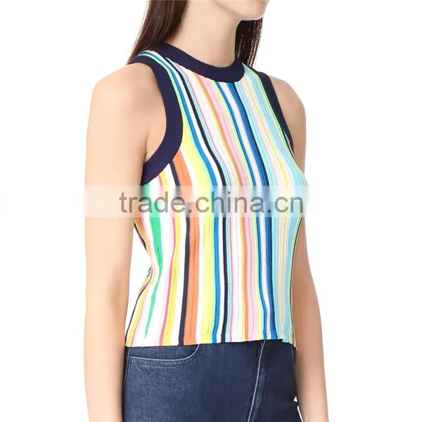 2017 OEM Sleeveless Rich Texture Rainbow Vertical Striped Blouse photo-3