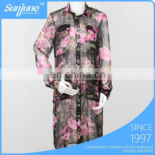 Transparent Flower Printing Sexy Lady Apparel Shirts 2015 Woman