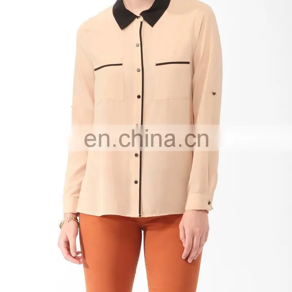 CHEFON Contrast Trim Relaxed Fit Patchwork Open Back Blouse With Low Back photo-2