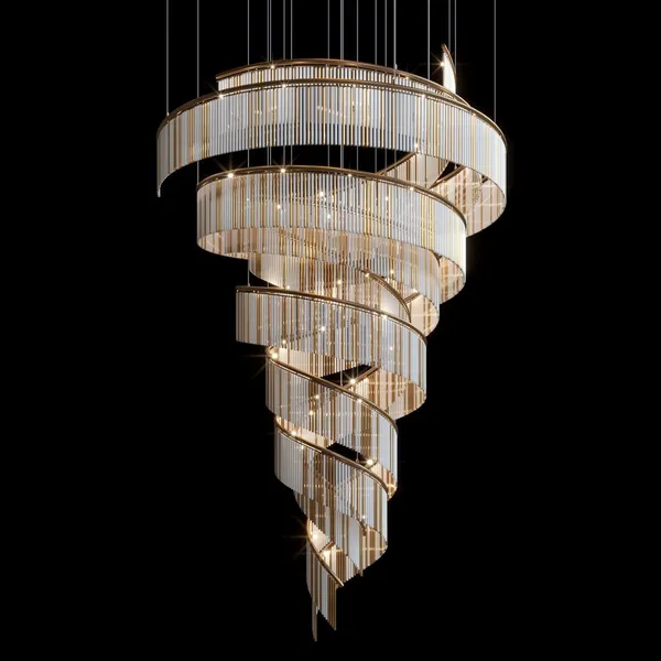 Spiral Staircase Crystal Chandelier Gold Frame Large Custom Hotel Installation photo-3