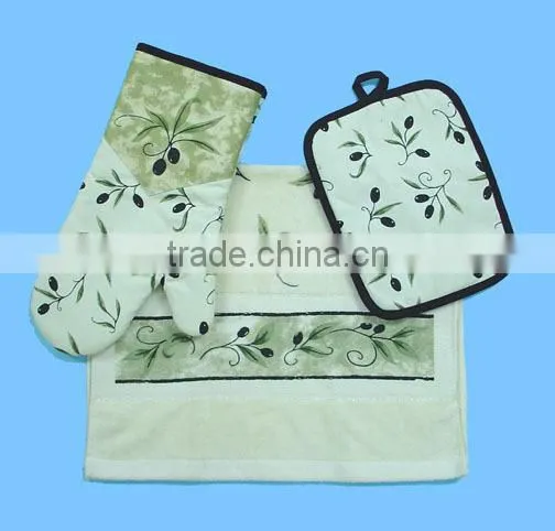 3pc Pigment Printing Towel With Fringe Cheese Holder Set Rooster Design Glove Set photo-3