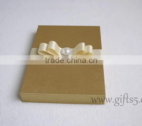 Luxury Handmade Gold Wedding Invitations Box With Ribbon Bow photo-6
