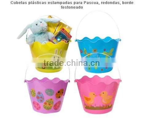 Printed Plastic Buckets for Easter, Round, Scalloped Edge