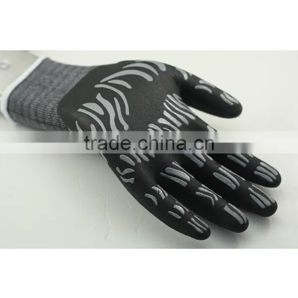 NMSAFETYanti Slip 13 Gauge Nylon and Spandex Liner Coated Balck Foam Nitrile and Grey Nitrile Stripes on Palm Safety Work Gloves photo-3