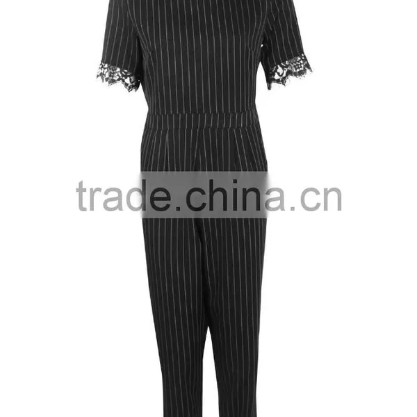 Ladies Custom African Print Jumpsuits 100% Polyester Pinstripe Belted Lace Trim Jumpsuits For Women photo-4