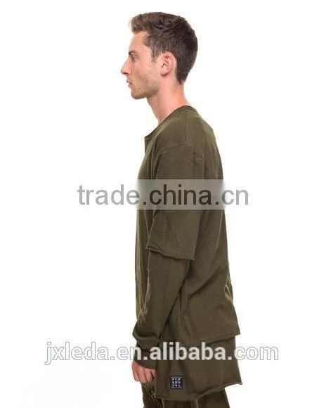 Pieced Layered Construction Raw Mens Athleisure Crew Neck Collar Longline Tees photo-3