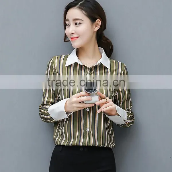 New Arrival Women's Loose Slim Long Sleeve Tops Striped Blouses Designs For Sale photo-3