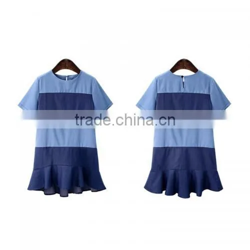 Cotton Plus Size One-piece Dress Loose Patchwork Striped Blue Top Selling Products 2017 photo-2