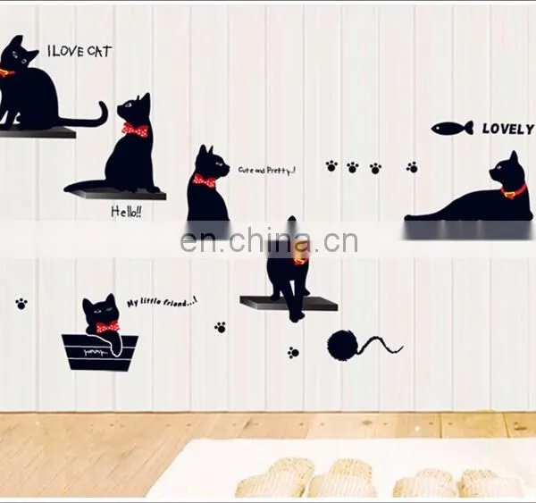 Black Cat on the Stair With Red Tie PVC Wall Sticker Home Decoration photo-3