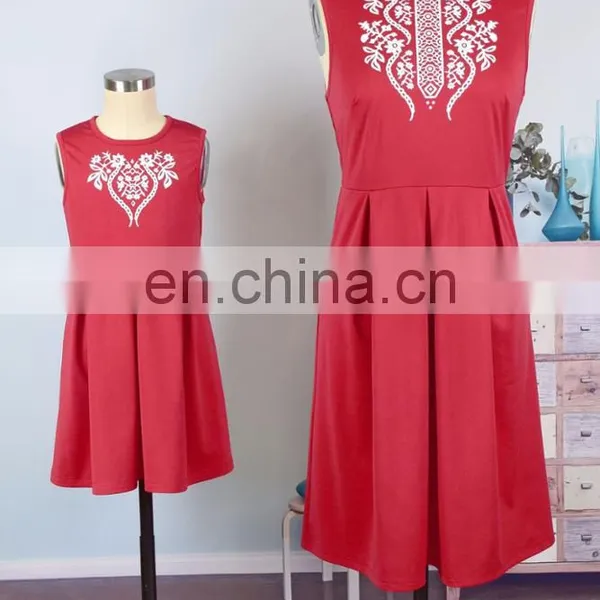 2019 Summer Women Girls Mommy and me Red Solid With Embroidery Flower Sleeveless Knee Length Work (this Link for Girls,1-8years) photo-4