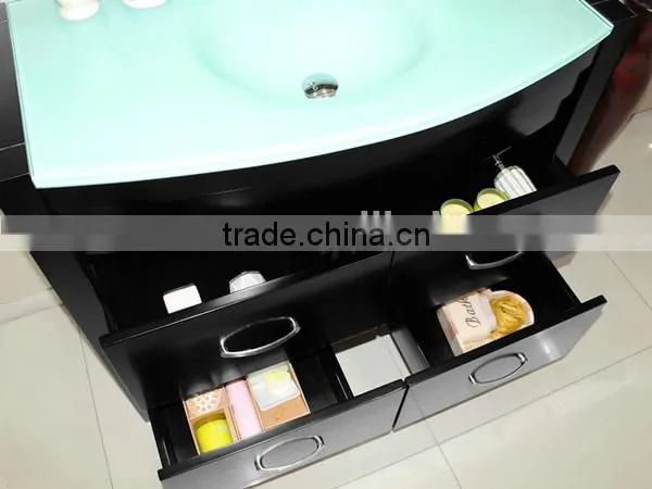 Modern Glass Wash Basin Black Cabinet Wood Bathroom Furniture No.1004D photo-2