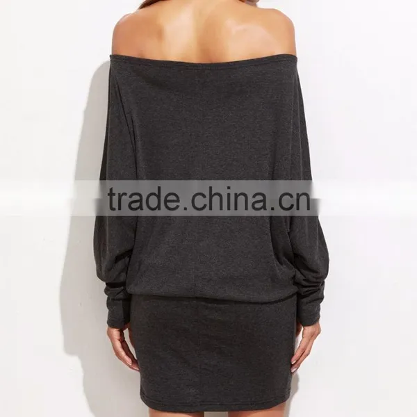 Off Shoulder Blouson Dress Women Long Sleeve Autumn Winter Grey Sexy Party Mini Dresses Women Vestidos photo-3