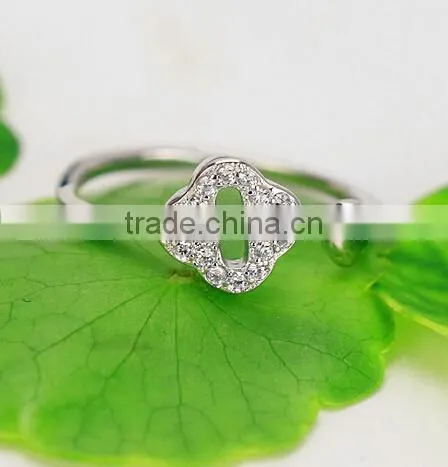 Spritual Charm Accessory Lucky Clover Design Top Zircon Diamond Sterling 925 Silver Open Ring photo-3