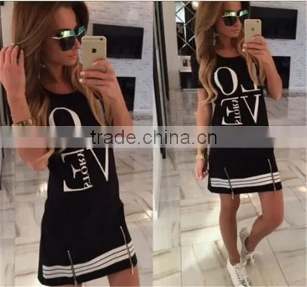 1PCS M-XL Women Love Letter Print O Neck Short Sleeve Zipper Long Above Knee Straight Dress Summer Casual Dress Tops Blouse photo-4