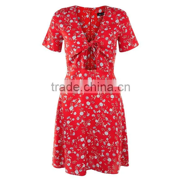 RED Self Bow V-neck Women Printed Short Sleeve Dress photo-5