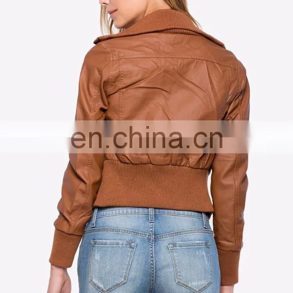 New Fashion Ribbed Knit Trim 100% PU Leather Bomber Jacket for Women photo-3