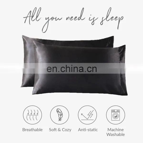 High Quality Black Polyester Fabric Home Silky Smooth Comfort Queen Satin Pillowcase photo-3