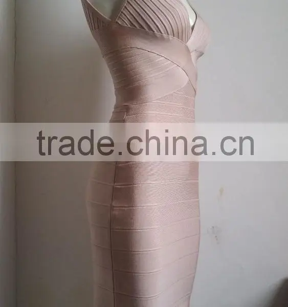 Summer Dress Wholesale Top Quality 2015 New Fashion Women Attractive Rayon Stretch v Neck Nude Sey Mini Bodycon Evening Party Ba photo-3