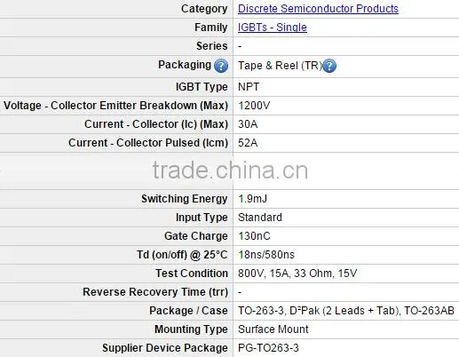 NPT IGBTs - Single SGB15N120 IGBT 1200V 30A 198W TO263-3 photo-3
