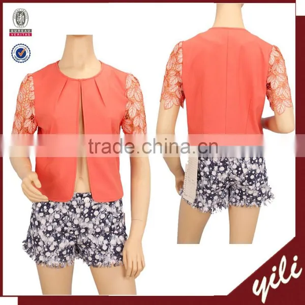 2015 Own Design 100% Polyester Applique Sleeve Lady Blouse