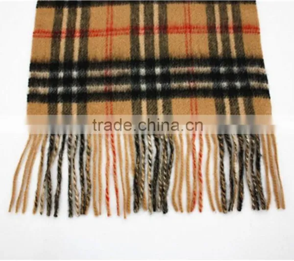 Camel Yarn Dyed Checked Double Faced Plain Wool Scarf With Fringe photo-5
