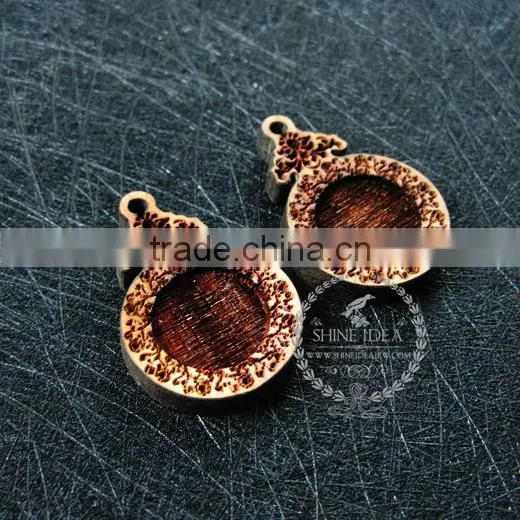 14mm Setting Size Vintage Style Natual Log Wood Bezel Carving Flower Round Pendant Setting DIY Findings Supplies 1411143 photo-2