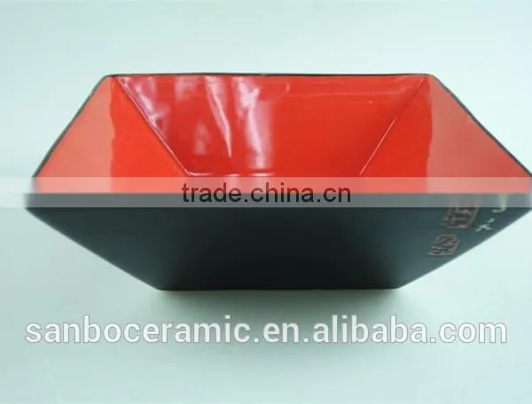 Square Japanese Noodle Bowl Red & Black Ceramic Stoneware, Large Ceramic Salad Bowls Japanese Style photo-2
