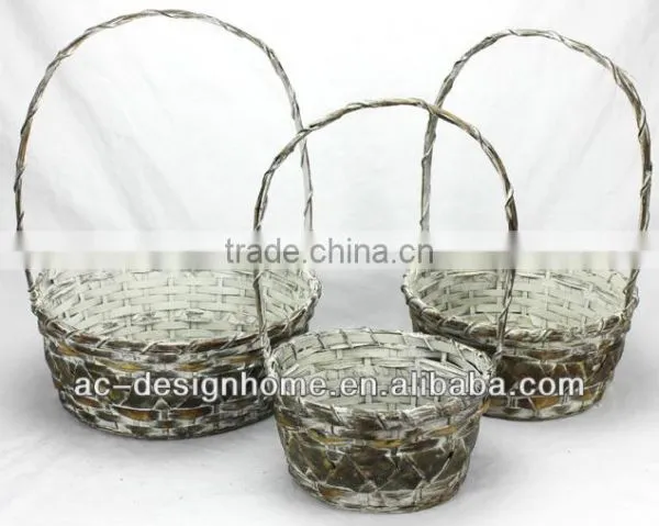 S/3 MUSTARD WASH ROUND BAMBOO CHIP BASKET W/HANDLE