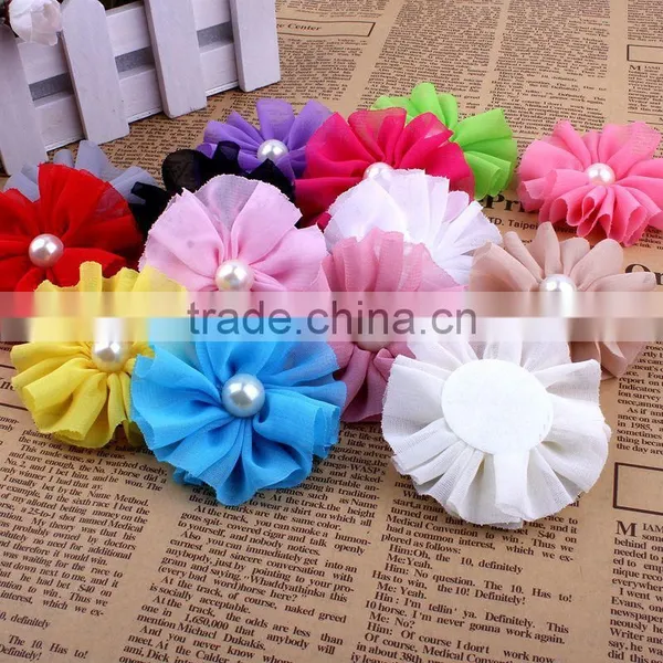 Handmade Chiffon Flower With Pearl Beads Center for Kids Hair Accessories for Baby Girl photo-3