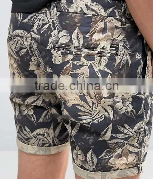 2016 High Quality Latest Custom Side Slant Pockets Men's Flower Printing Slim Fit 100% Cotton Soft Touch Zip Fly Casual Shorts photo-3