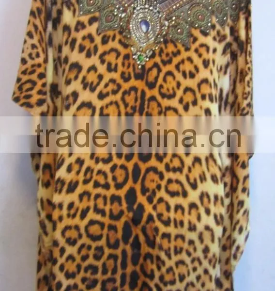 ANIMAL Print Crystal Embellished Caftan Crepe KAFTAN Tunic Poncho Blouse photo-6