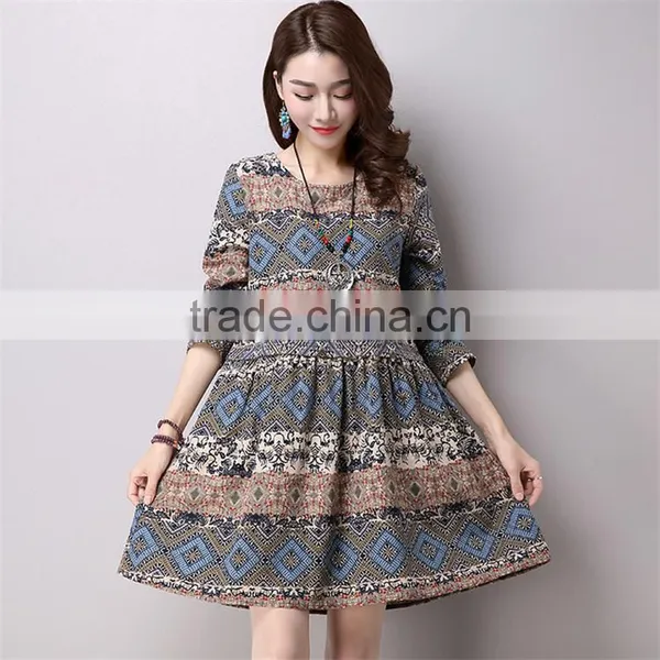 2017 New Design Large Size Fashion Ladies Retro National Wind Style Ladies Dress Cotton Printed Dress photo-5
