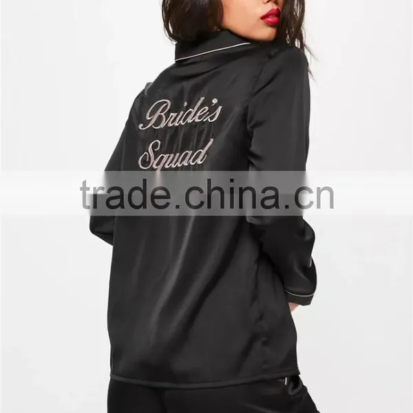 Custom Logo Back Embroideried Pajama Set White Piping Long Pajama Set Black Long Sleeve Top With Long Pants Nightwear photo-3