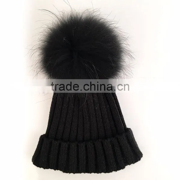 Myfur Fashion Detachable Raccoon Fur Pom Poms Knit Beanie Cap for Adults photo-2
