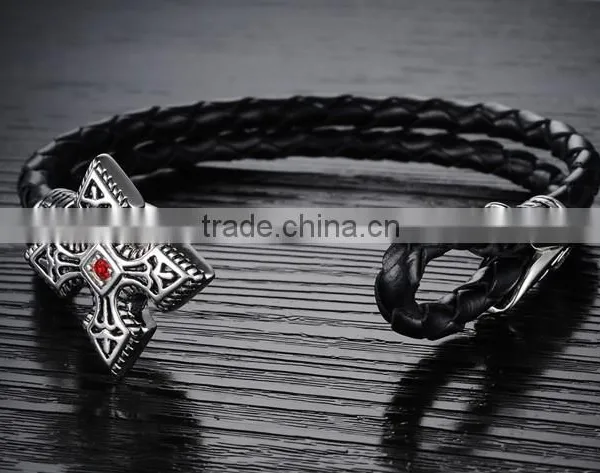 Genuine Cow Leather Weave Bracelets Titanium Steel Big Brand Vintga Antic Cross Man Bracelet photo-4