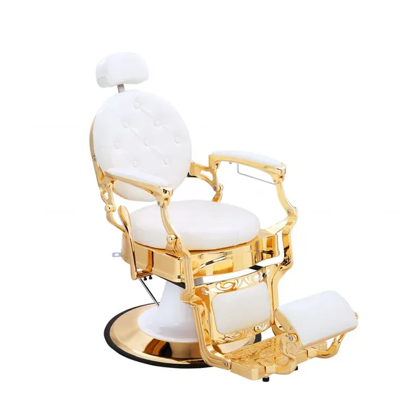 Hydraulic Barber Chair With Heavy Duty Steel Base, 360° Rotation, Adjustable Height 50-80cm, Maximum Load 200kg, White Gold Vintage Finish photo-2