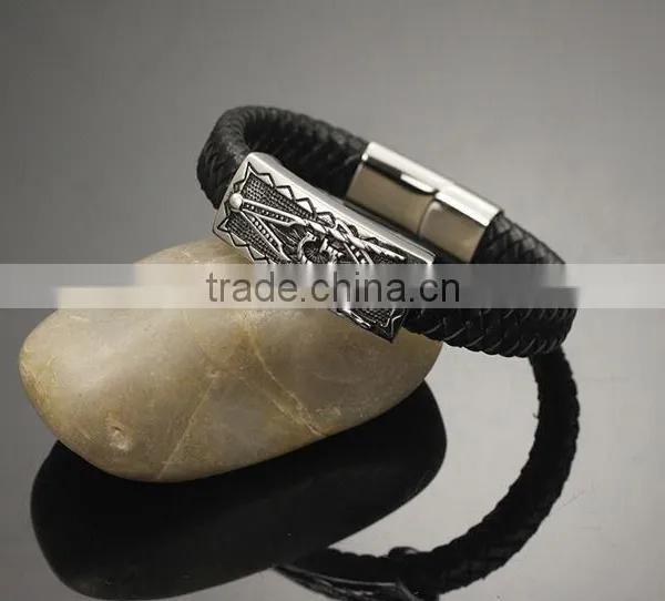 Braided Black Genuine Leather Bracelet Wholesale Mens Stainless Steel Clasp photo-3